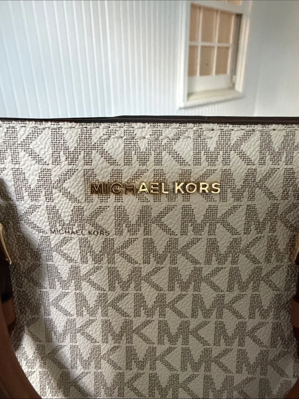 Michael Kors Cream & Tan Logo Satchel with Gold Hardware